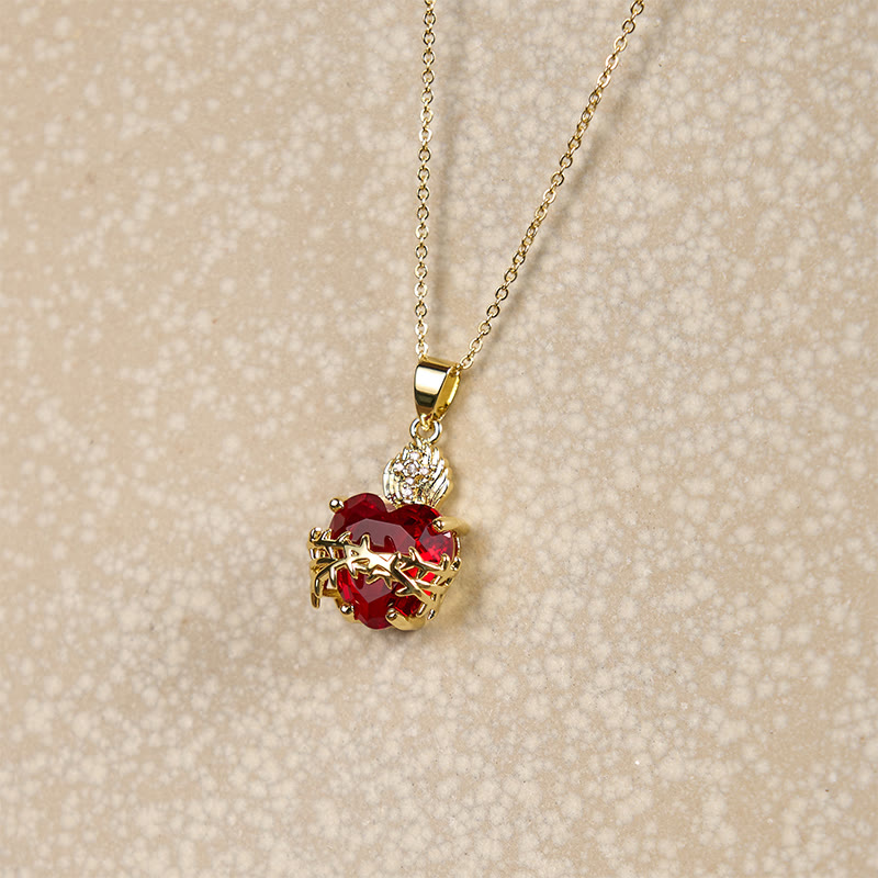 FAITH AS YOUR ARMOR: Red Gemstones Sacred Heart of Jesus Pendant Necklace