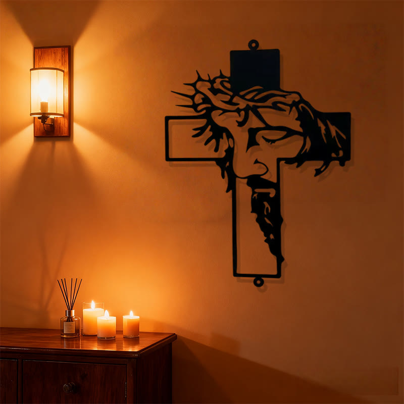 Christian Artwork Workshop Black Metal Jesus with Crown of Thorns - Cross Wall Decor