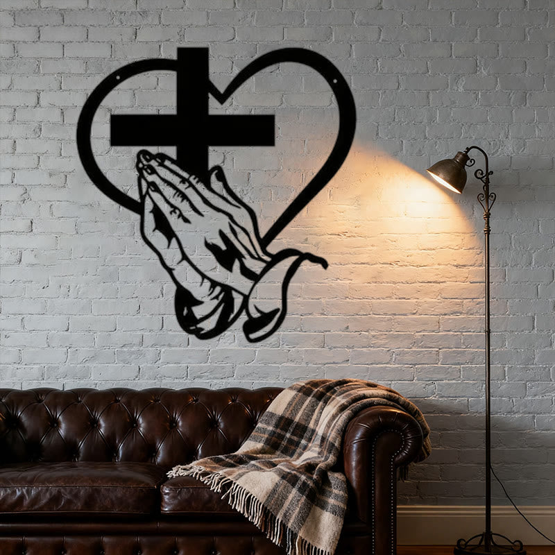 Christian Artwork Workshop Modern Black Metal Wall Decor: Spiritual Praying Hands with Heart and Cross
