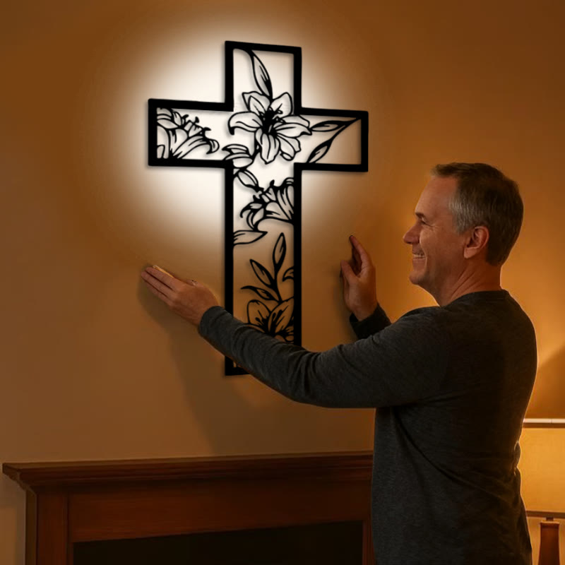 Christian Artwork Workshop Classic Lily Floral Cross Black Metal Wall Art