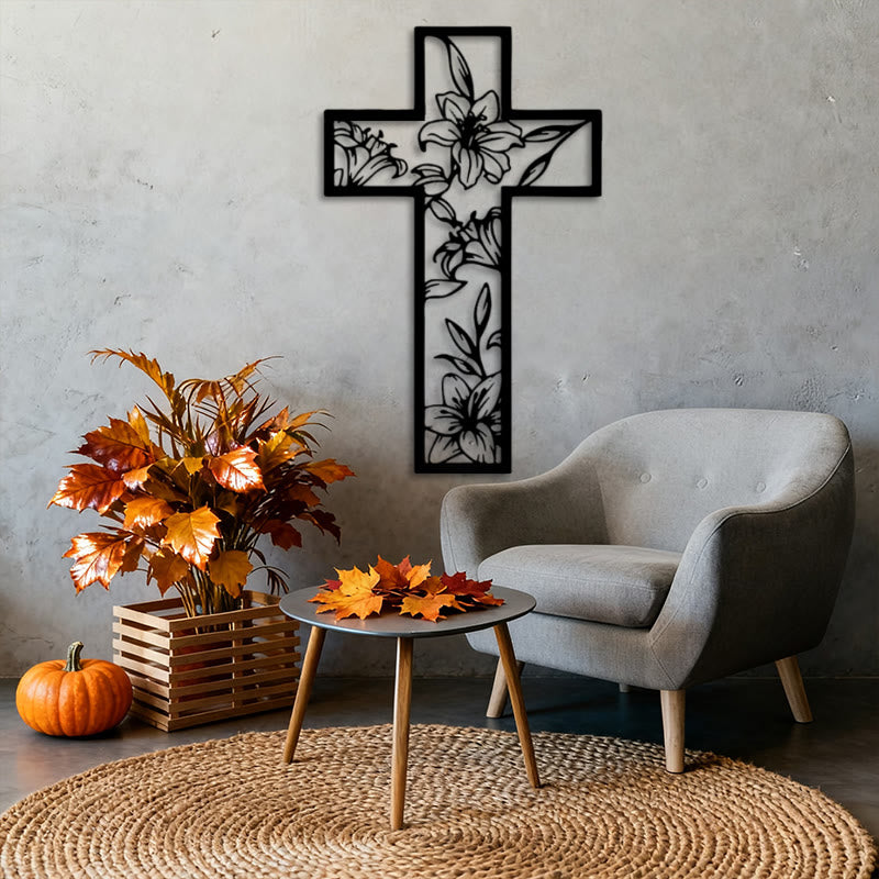 Christian Artwork Workshop Classic Lily Floral Cross Black Metal Wall Art