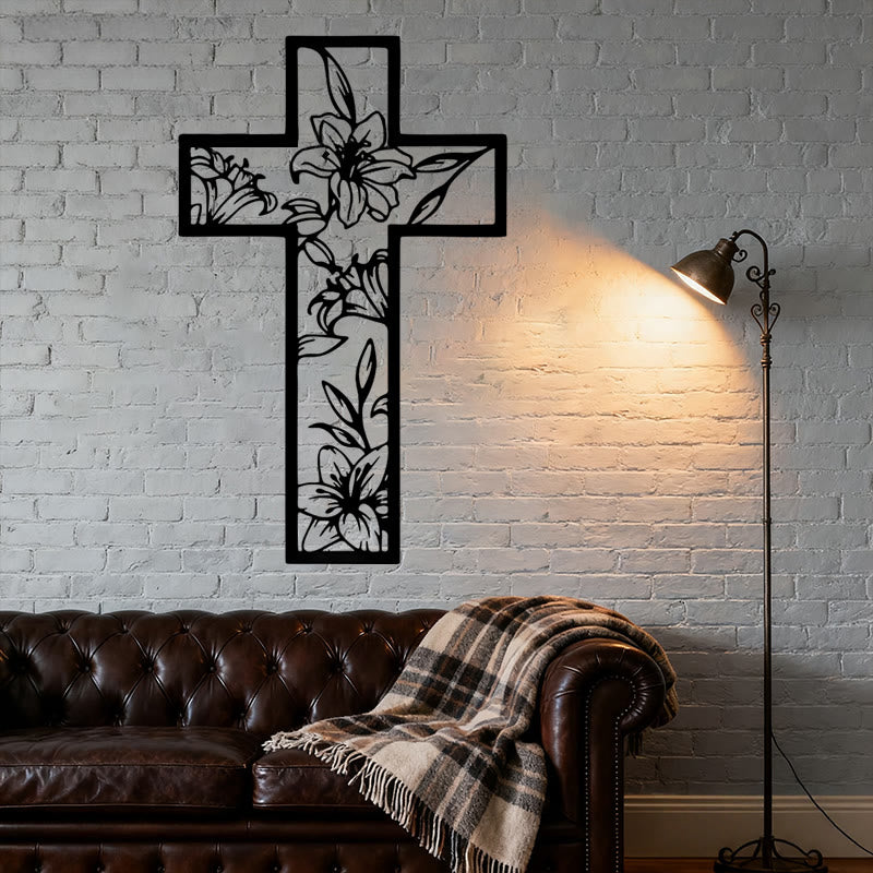 Christian Artwork Workshop Classic Lily Floral Cross Black Metal Wall Art