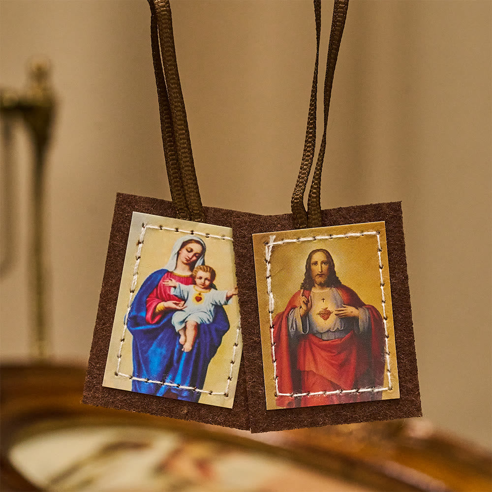 Blessed Brown Wool Scapular of Sacred Heart of Jesus and Virgin Mary