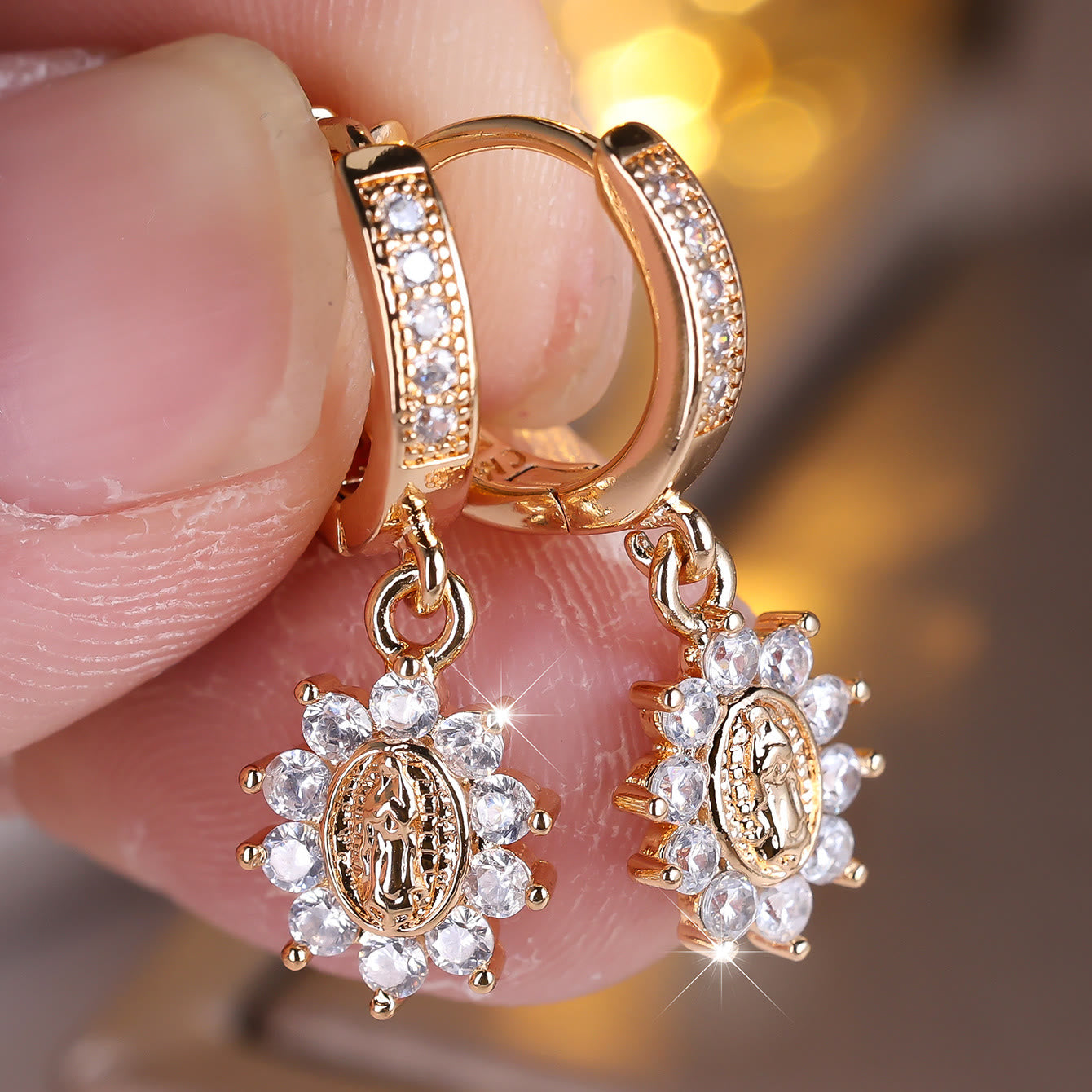 Our Lady Zircon Halo Huggie Earrings with Sunburst Pendant