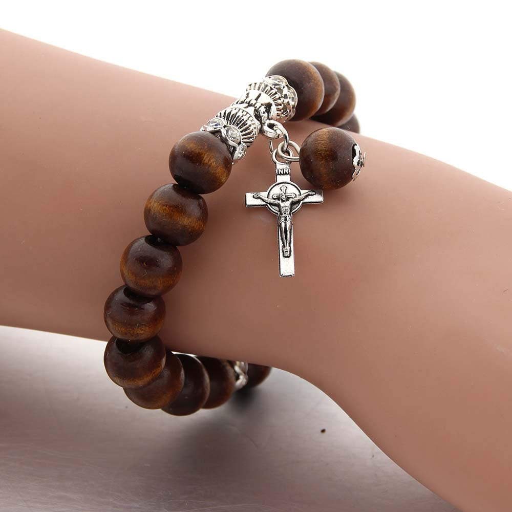 Handmade Wooden Bead Jesus Cross Bracelet