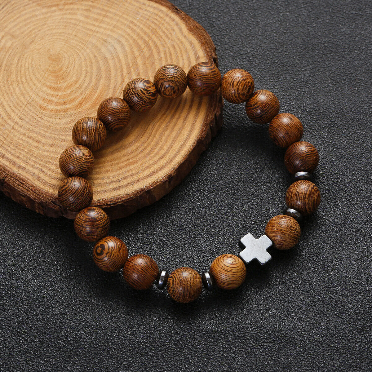 Cross Wooden Bead Bracelet