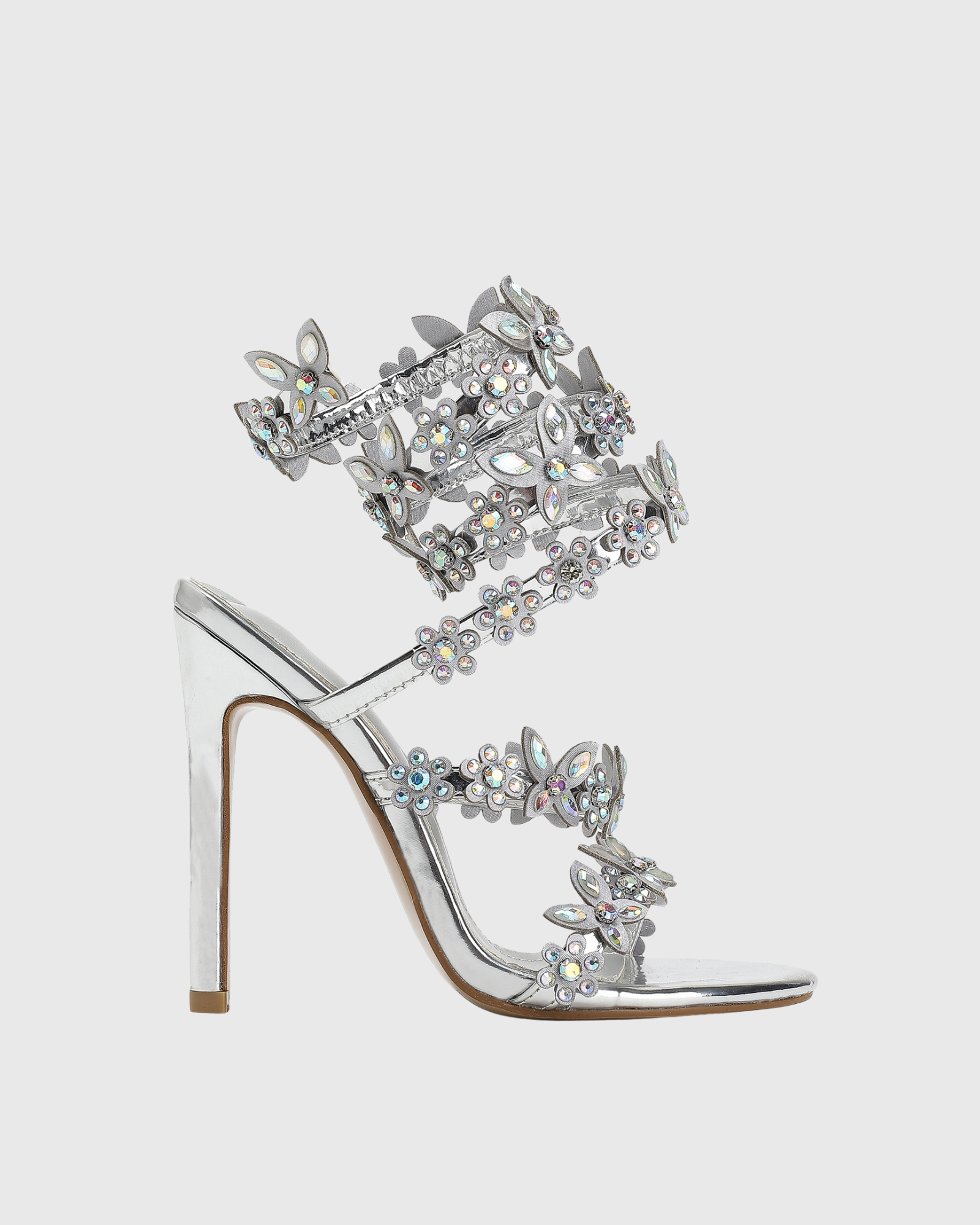 Elisa Rhinestone Butterfly Embellished Snake Sandals In Silver