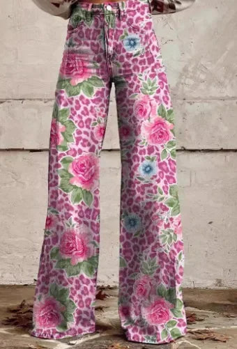 Plus Size Women Wide Leg Pants Faux Denim 3D Printed Flared Trousers Stretch Casual High Waist Fashion Yoga Pants