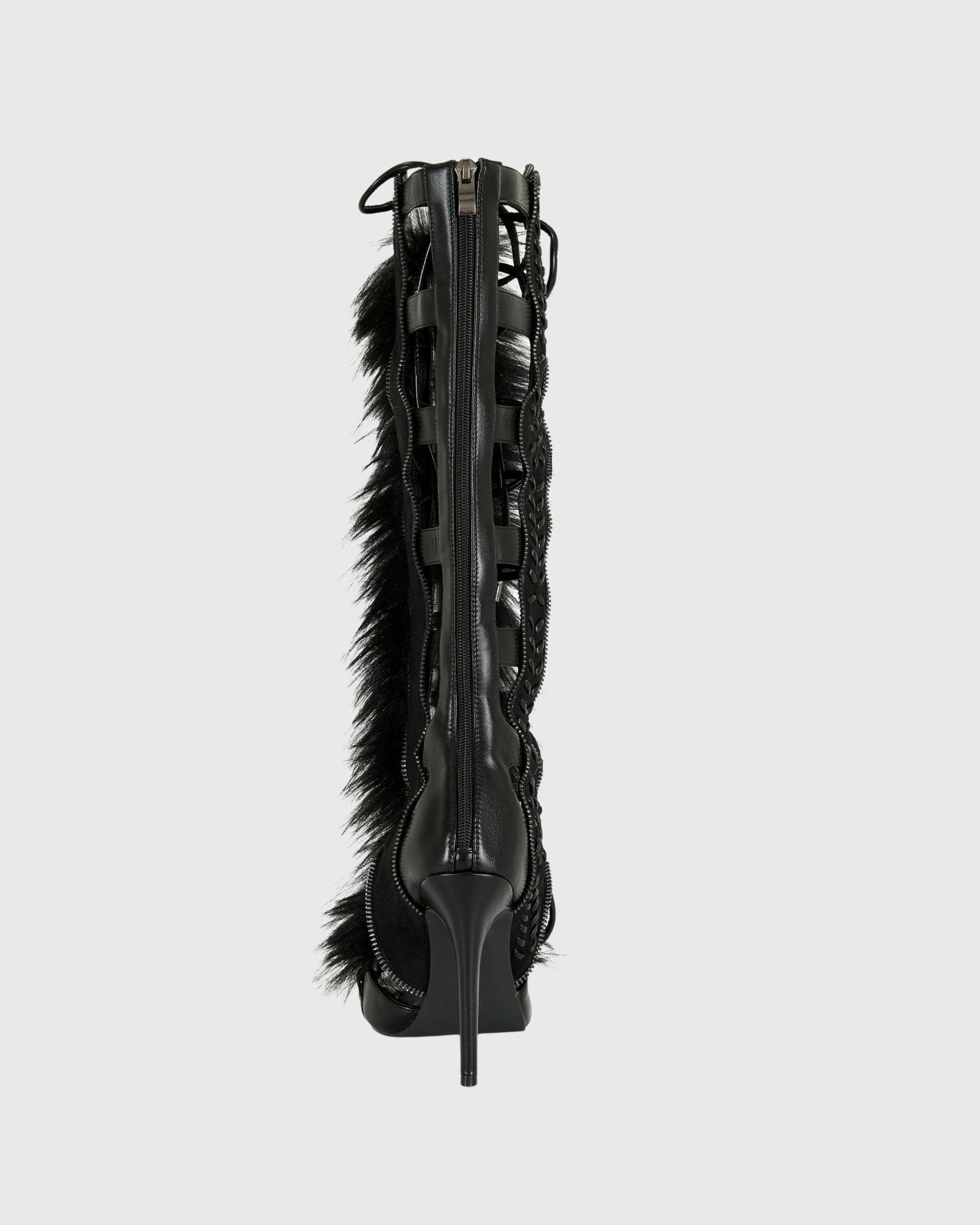 Sadiya Faux Fur Knee High Sandals In All Black