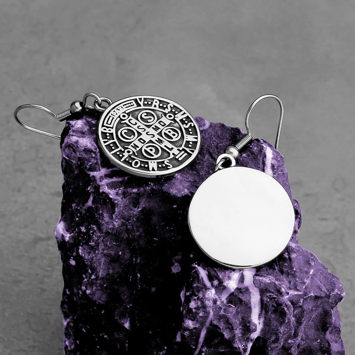 Classic St. Benedict Engraved Emblem Earrings for Divine Protection by Christianartworkshop