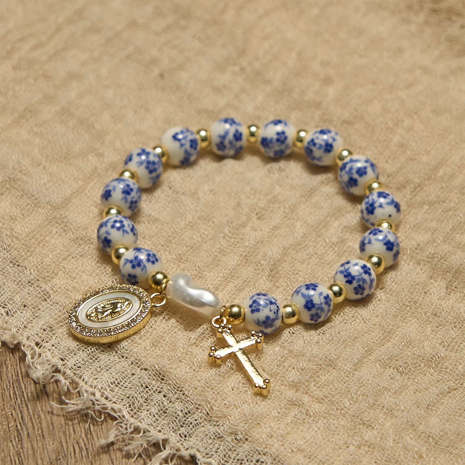 Our Lady Medal & Cross Floral-Inspired Bracelet: Faith Meets Style