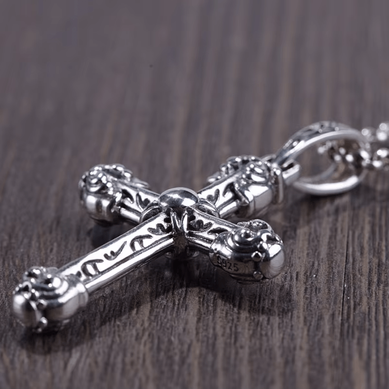 Thick Solid Sterling Silver Ornate Sword Cross Necklace with Gothic Scrolls