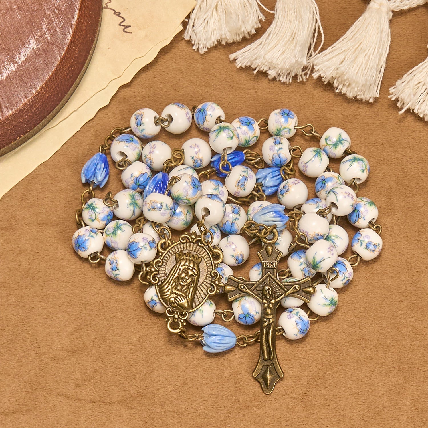 Immaculate Heart of Mary & Crucifix with Floral Rosary
