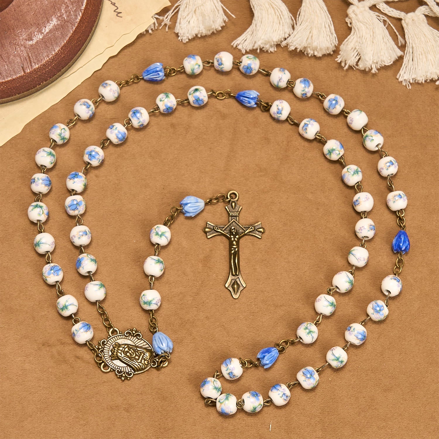Immaculate Heart of Mary & Crucifix with Floral Rosary