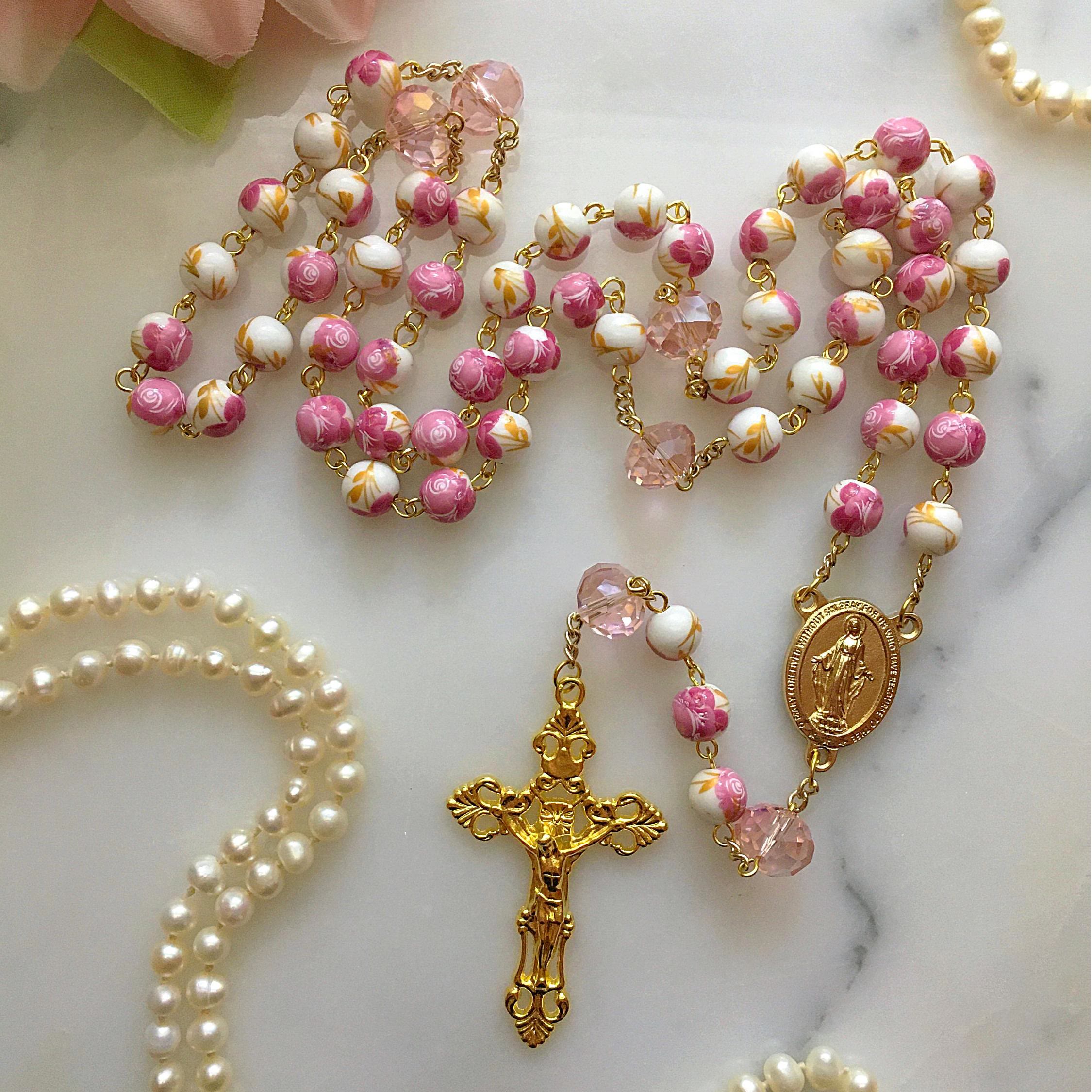 Immaculate Heart of Mary & Crucifix with Floral Rosary