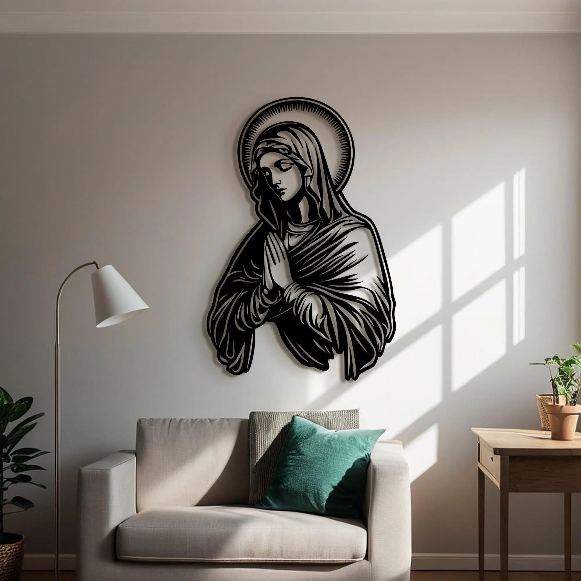 Christian Artwork Workshop Metal Wall Decor: Praying Virgin Mary with Halo for Religious Homes