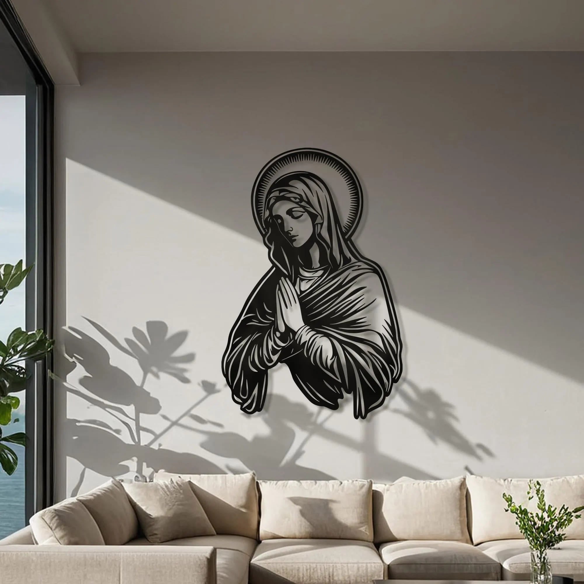 Christian Artwork Workshop Metal Wall Decor: Praying Virgin Mary with Halo for Religious Homes