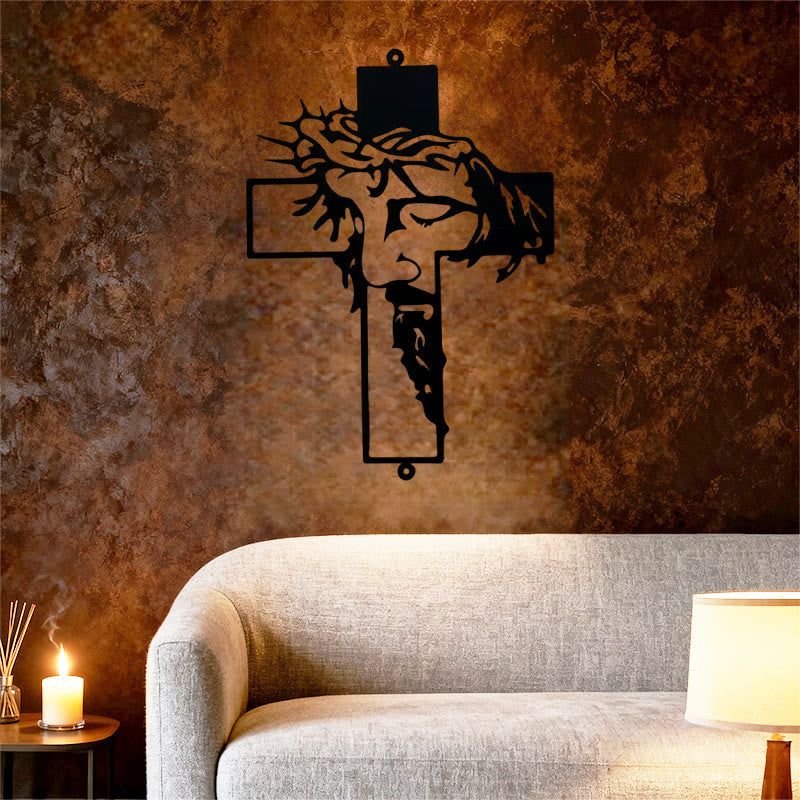 Christian Artwork Workshop Black Metal Jesus with Crown of Thorns - Cross Wall Decor