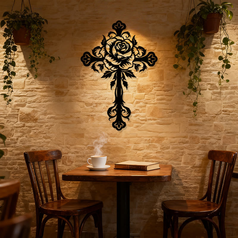Christian Artwork Workshop Black Metal Wall Decor: Artistic Floral Rose Cross