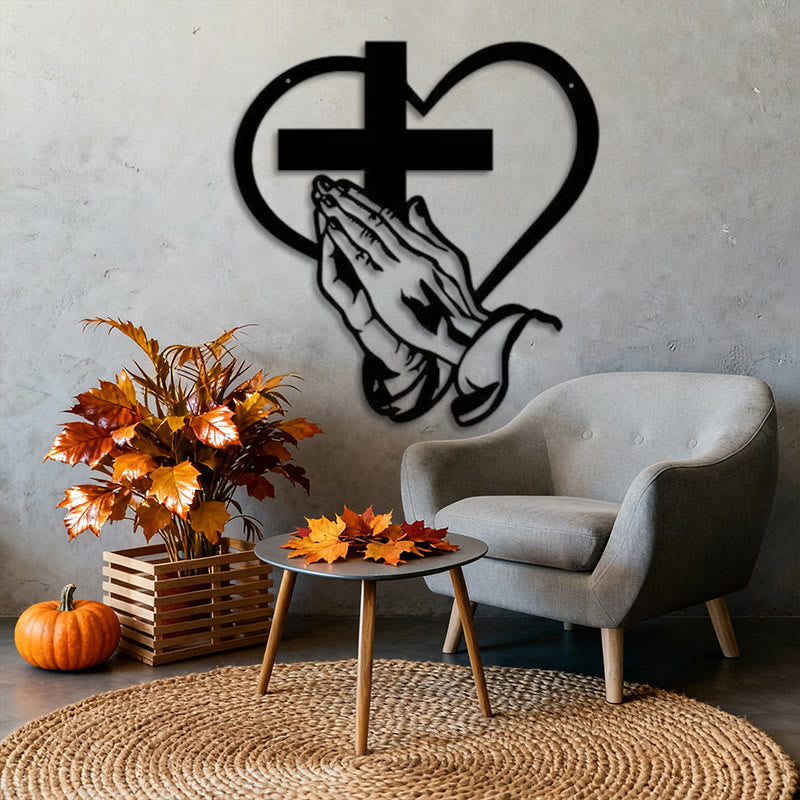 Christian Artwork Workshop Modern Black Metal Wall Decor: Spiritual Praying Hands with Heart and Cross
