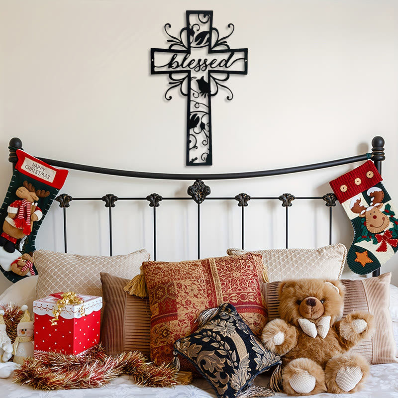 Christian Artwork Workshop Blessed Cross Metal Wall Decor: Floral Design for Homes Filled with Blessings