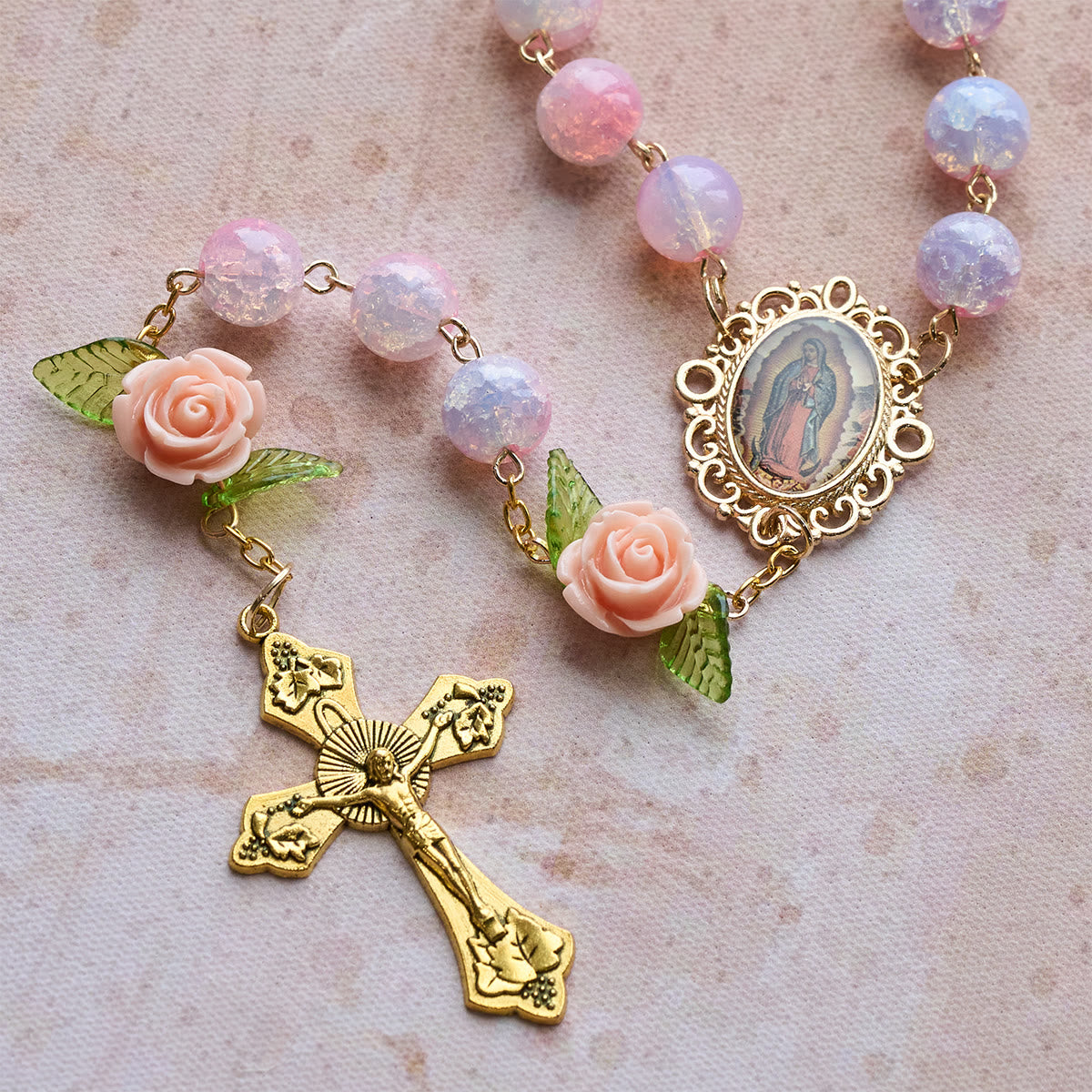 Virgin Mary Rosary with Floral Accents