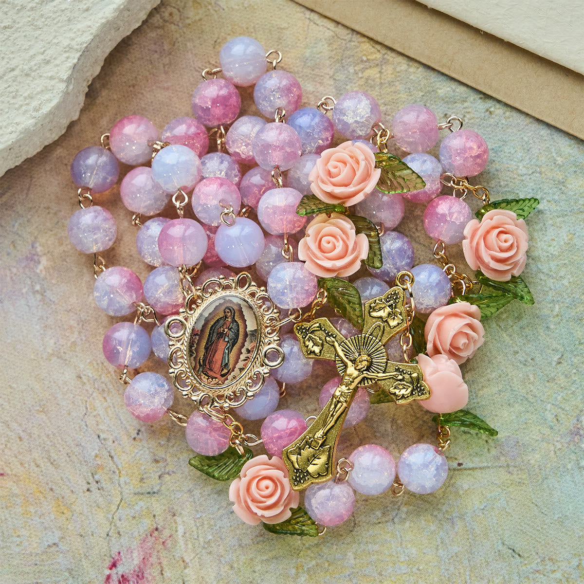 Virgin Mary Rosary with Floral Accents