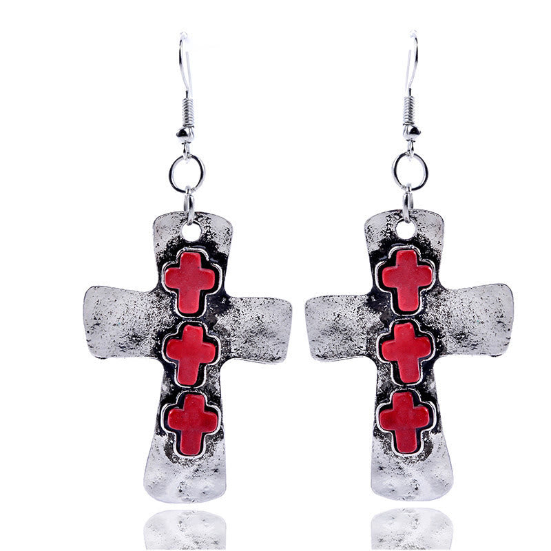 Textured Three-Cross Earrings with Stone Inlays: A Symbol of Faith and Protection