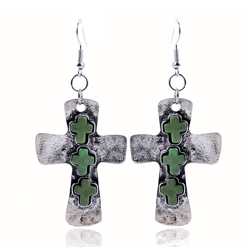 Textured Three-Cross Earrings with Stone Inlays: A Symbol of Faith and Protection