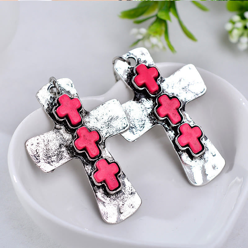 Textured Three-Cross Earrings with Stone Inlays: A Symbol of Faith and Protection