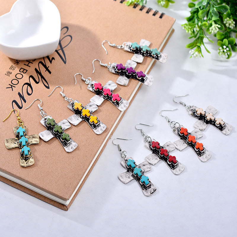 Textured Three-Cross Earrings with Stone Inlays: A Symbol of Faith and Protection