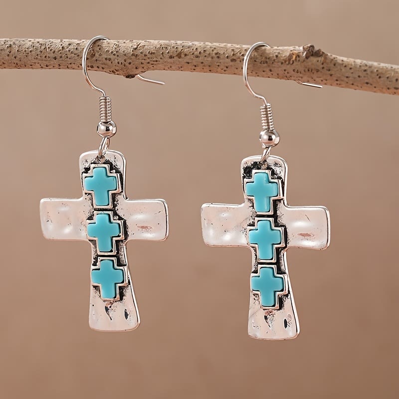 Textured Three-Cross Earrings with Stone Inlays: A Symbol of Faith and Protection
