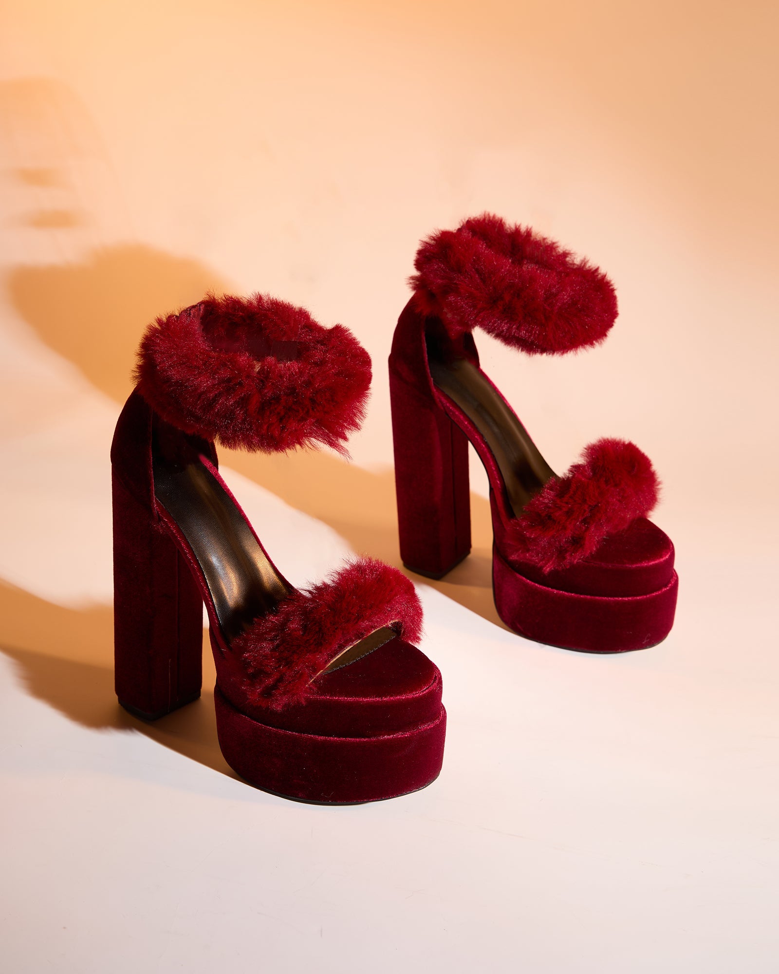 Indie Faux Fur Strap Platform Sandals In Red