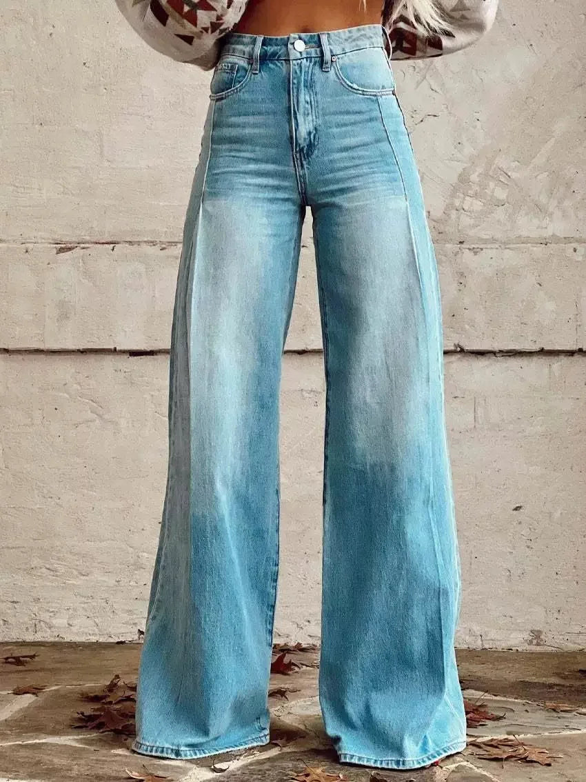 Plus Size Women Wide Leg Pants Faux Denim 3D Printed Flared Trousers Stretch Casual High Waist Fashion Yoga Pants