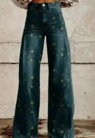Plus Size Women Wide Leg Pants Faux Denim 3D Printed Flared Trousers Stretch Casual High Waist Fashion Yoga Pants