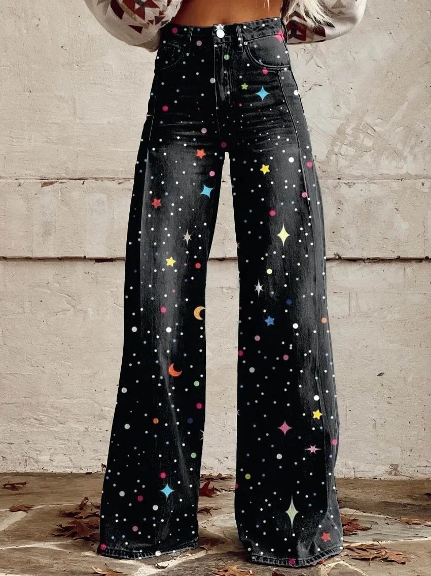 Plus Size Women Wide Leg Pants Faux Denim 3D Printed Flared Trousers Stretch Casual High Waist Fashion Yoga Pants