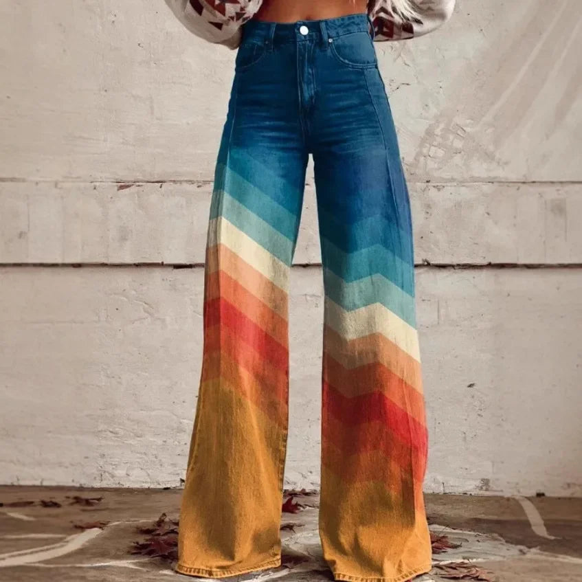 Plus Size Women Wide Leg Pants Faux Denim 3D Printed Flared Trousers Stretch Casual High Waist Fashion Yoga Pants