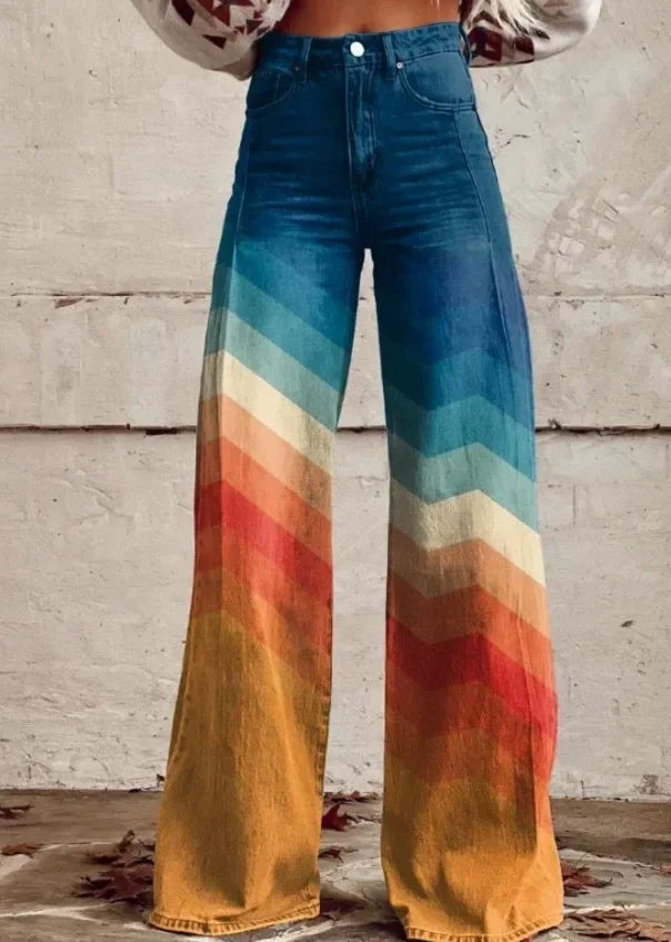 Plus Size Women Wide Leg Pants Faux Denim 3D Printed Flared Trousers Stretch Casual High Waist Fashion Yoga Pants